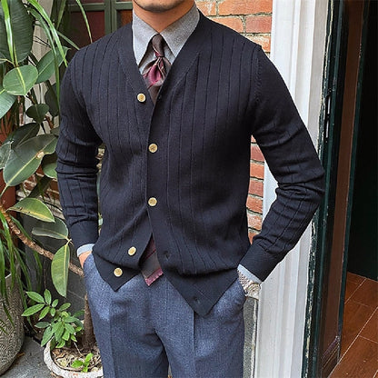 Kessoro men's ribbed V-neck button-front cardigan in blue, black and white - view 2