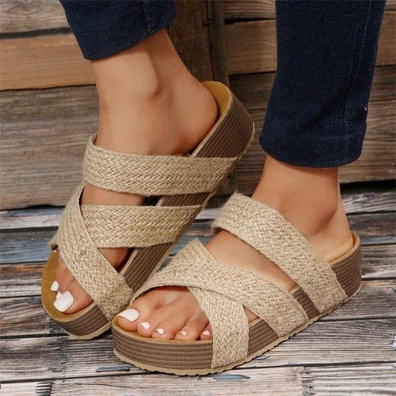 Women's braided vegan leather orthopedic sandal in neutral brown, white, black and beige