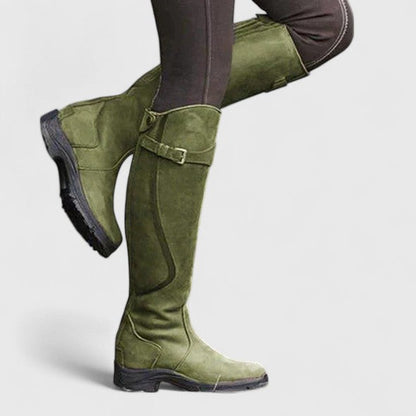 Kessoro women's buckle accent comfort boots in dark brown, black, blue and green