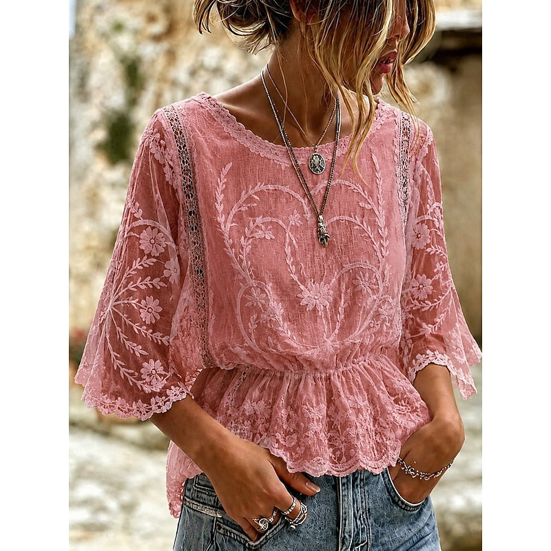 Women's floral-embroidered peplum blouse in white, grey, pink, blue and khaki, detail view