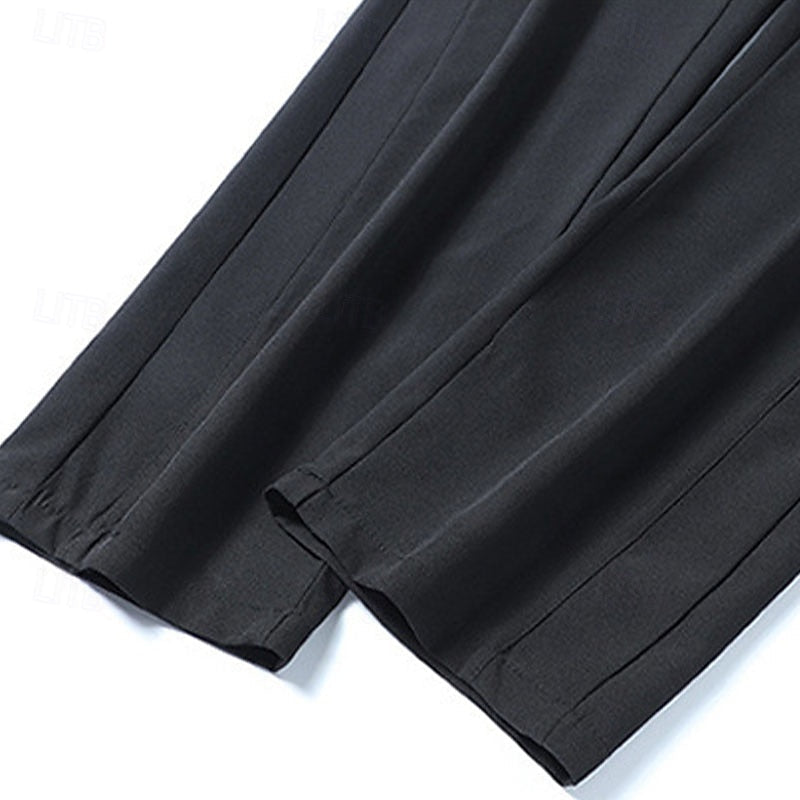 Men's relaxed straight-leg drawstring pants in light grey, black and navy, styled view
