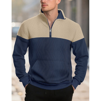 Kessoro men's textured quarter-zip color block sweatshirt in grey, army green, navy and khaki