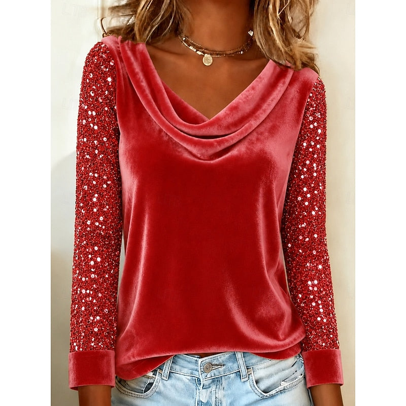Kessoro women's shimmer-sleeve cowl neck top in gold, black, red, pink and purple – image 3 of 5