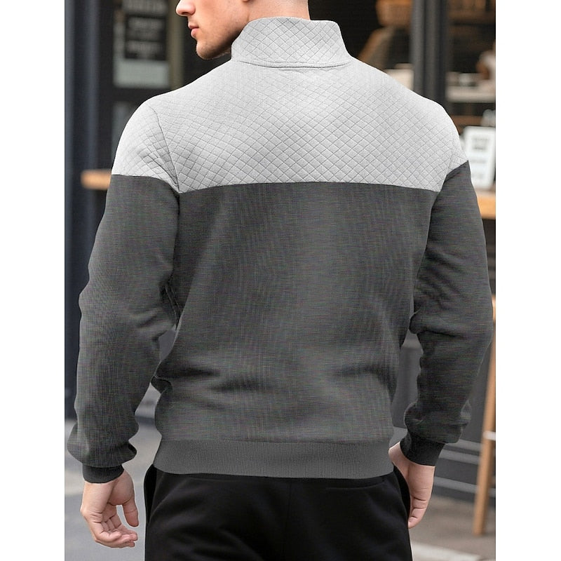 Kessoro men's textured quarter-zip color block sweatshirt in grey, army green, navy and khaki