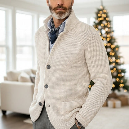 Kessoro men's waffle-knit stand-collar button cardigan in blue, navy or red brown