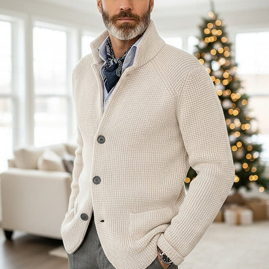 Kessoro men's waffle-knit stand-collar button cardigan in blue, navy or red brown