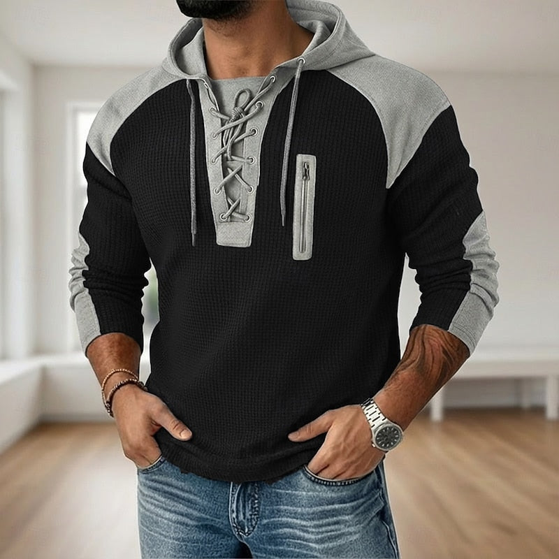 Kessoro men's lace-up textured pullover hoodie in green, light blue, navy and black, view 6