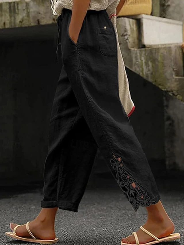 Kessoro Women's relaxed drawstring waist cropped trousers in white, khaki, black and more, view 3