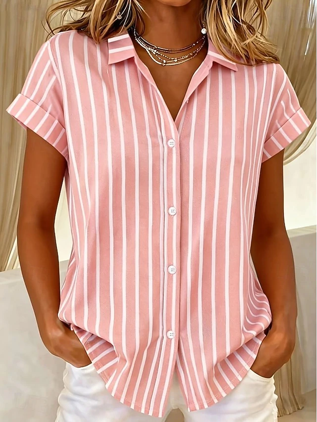 Kessoro Women's striped short-sleeve button-front blouse in blue, pink, green and more, view 4