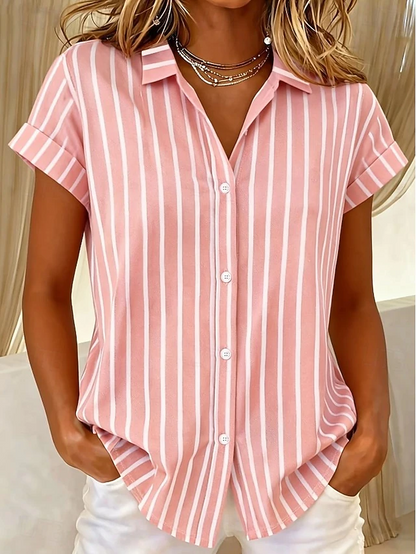 Kessoro Women's striped short-sleeve button-front blouse in blue, pink, green and more, view 4