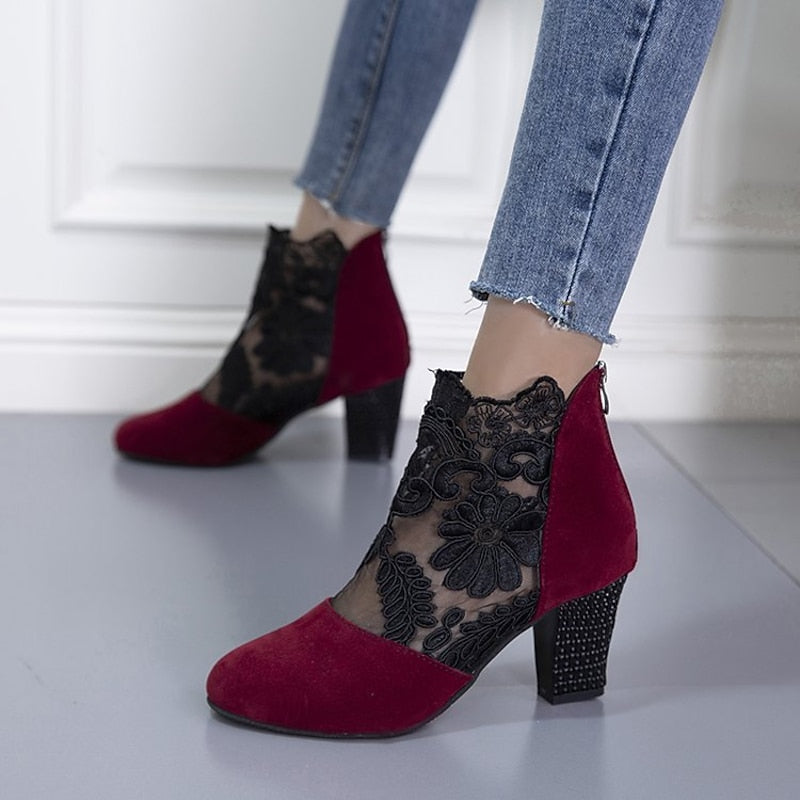 Kessoro women's floral lace block-heel ankle boots in wine, black and yellow