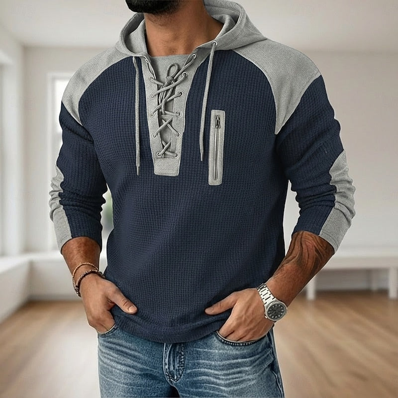 Kessoro men's lace-up textured pullover hoodie in green, light blue, navy and black, view 4
