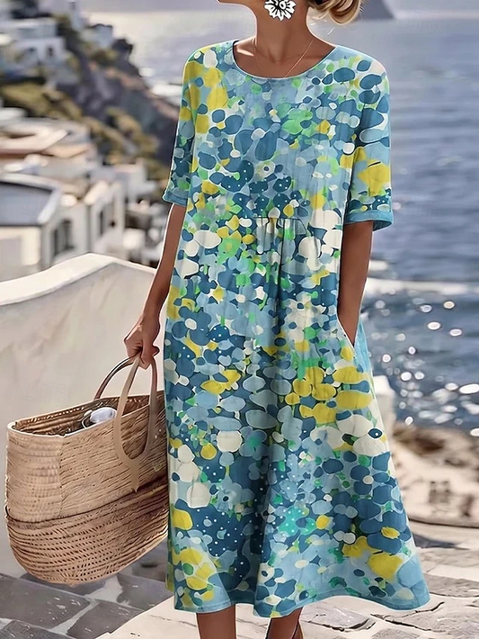 Kessoro Women's printed A-line midi summer dress with pockets in green, red and blue, view 1