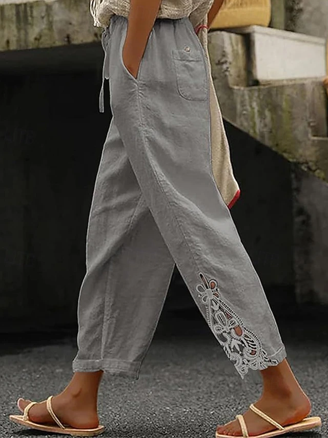 Kessoro Women's relaxed drawstring waist cropped trousers in white, khaki, black and more, view 1