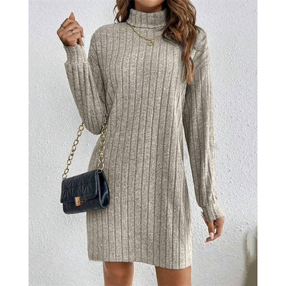 Kessoro women's ribbed roll-neck relaxed knit dress with a soft ribbed texture