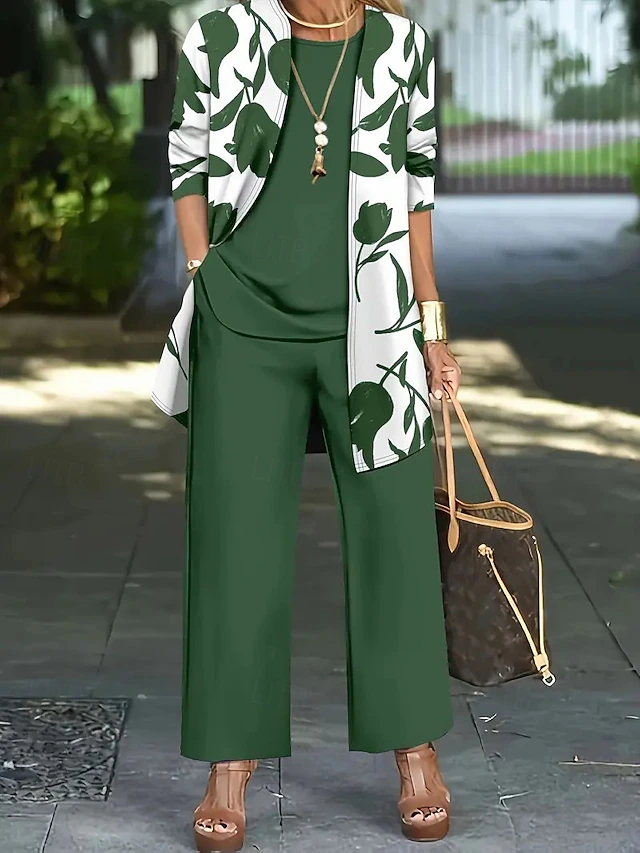 Kessoro Women's floral open layer, top and wide-leg trousers three-piece set in blue, black, green and more, view 2