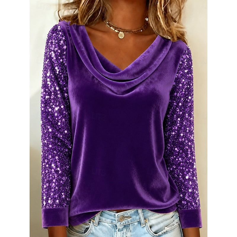 Kessoro women's shimmer-sleeve cowl neck top in gold, black, red, pink and purple – image 5 of 5