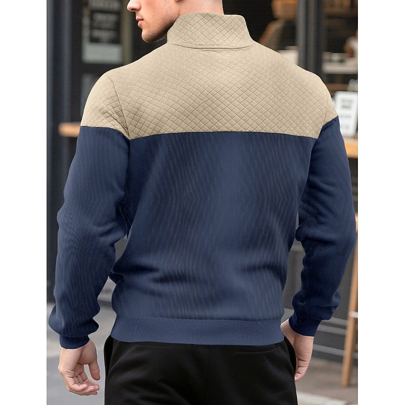 Kessoro men's textured quarter-zip color block sweatshirt in grey, army green, navy and khaki