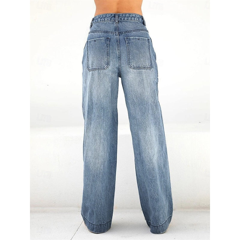Kessoro women's high-waisted relaxed wide-leg jeans in classic blue denim washes