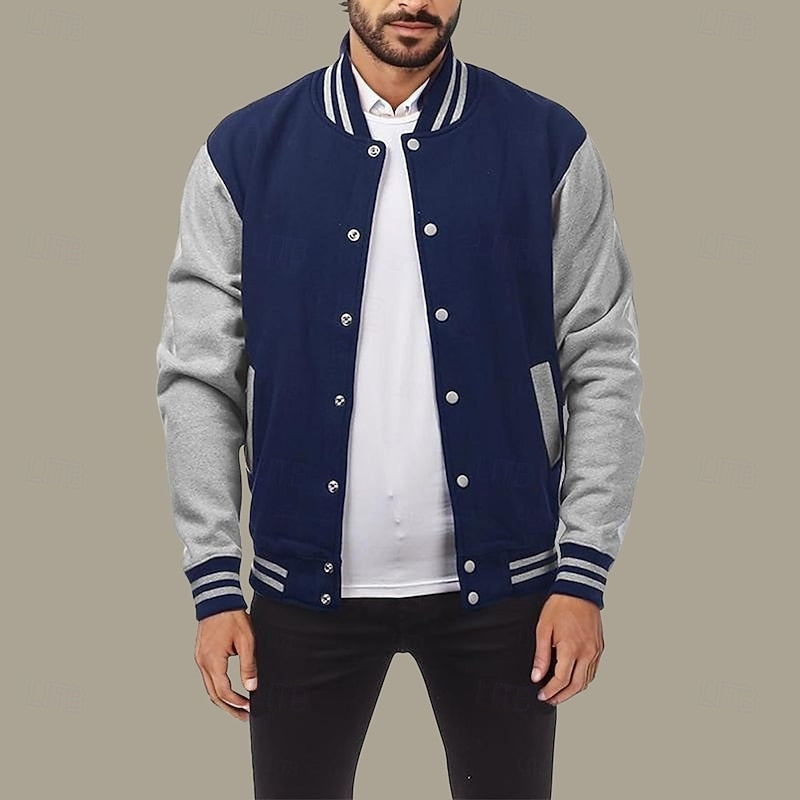 Kessoro men's classic ribbed-trim varsity jacket in light grey, royal blue, black and navy blue – image 7 of 12