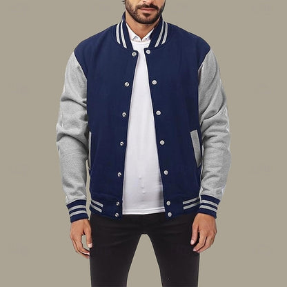 Kessoro men's classic ribbed-trim varsity jacket in light grey, royal blue, black and navy blue – image 7 of 12