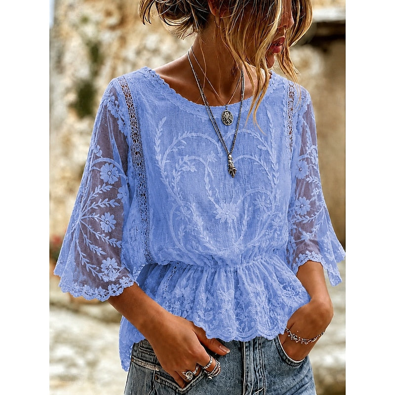 Women's floral-embroidered peplum blouse in white, grey, pink, blue and khaki, back view