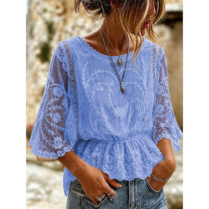 Women's floral-embroidered peplum blouse in white, grey, pink, blue and khaki, back view