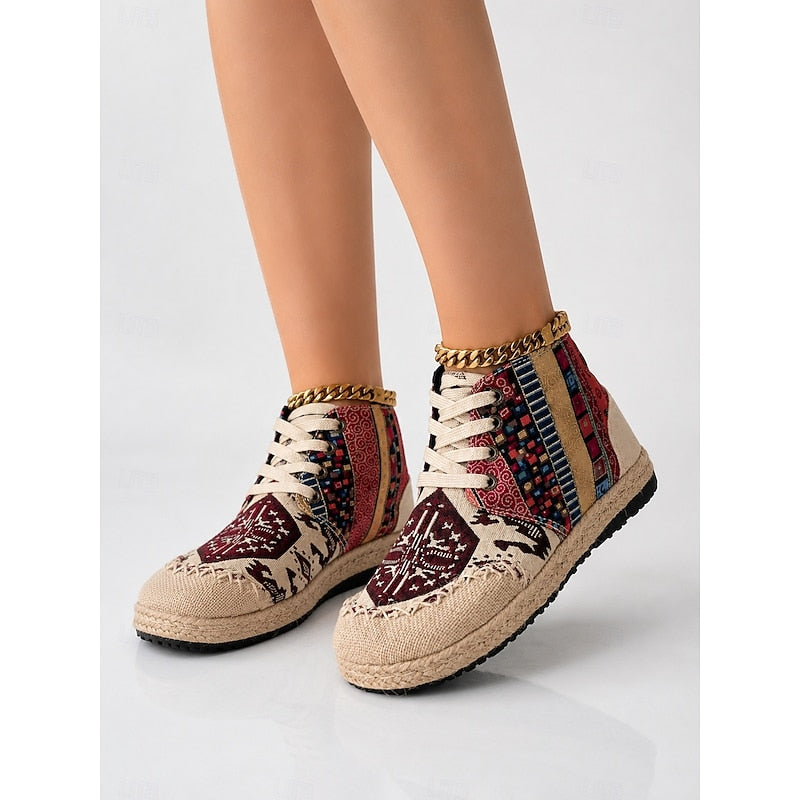 Kessoro women's boho woven pattern platform high-top sneakers in red and blue - view 1