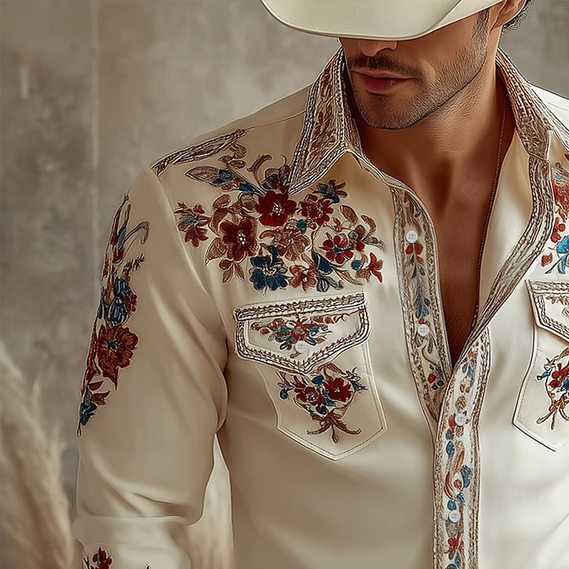 Kessoro men's floral embroidered western button-up shirt in beige and pink