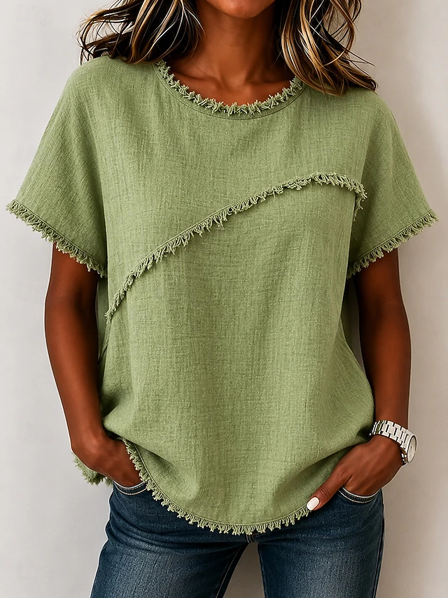 Kessoro women's frayed-trim round neck short-sleeve top in neutral and pastel shades