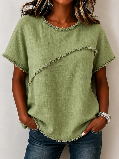 Kessoro women's frayed-trim round neck short-sleeve top in neutral and pastel shades