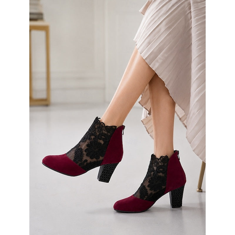 Kessoro women's floral lace block-heel ankle boots in wine, black and yellow