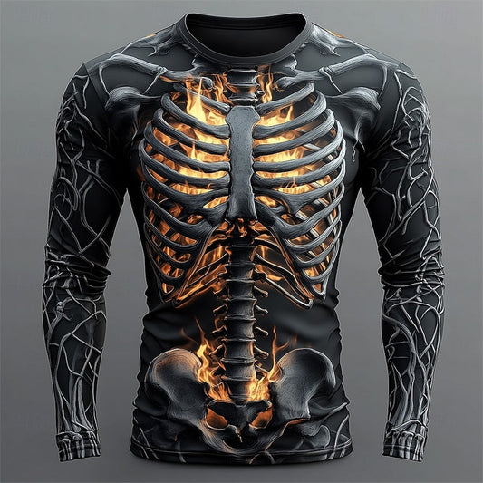 Kessoro Black 1 Halloween flame skeleton print long-sleeve T-shirt for men and women