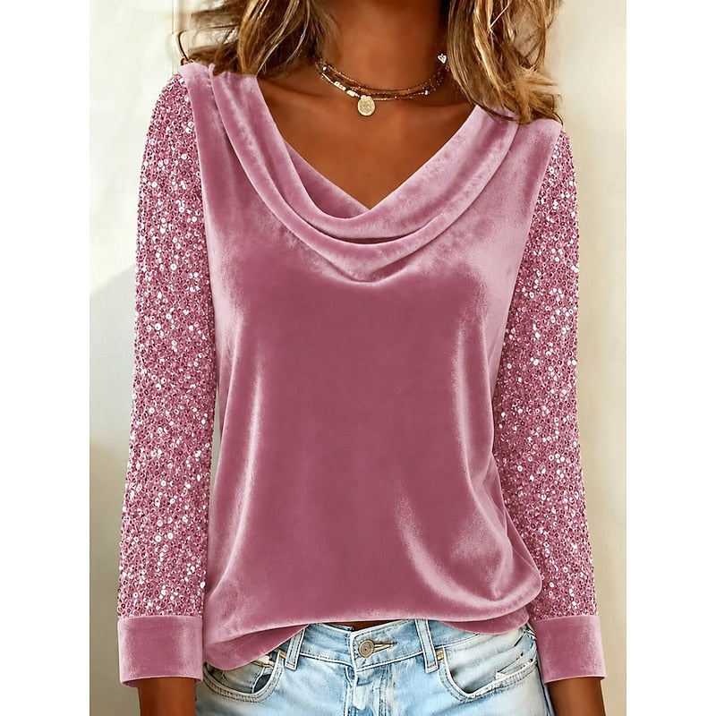 Kessoro women's shimmer-sleeve cowl neck top in gold, black, red, pink and purple – image 4 of 5