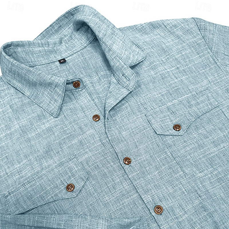 Kessoro men's relaxed-fit flap-pocket utility shirt in blue, grey, beige and pink tones, view 4