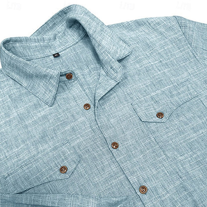 Kessoro men's relaxed-fit flap-pocket utility shirt in blue, grey, beige and pink tones, view 4