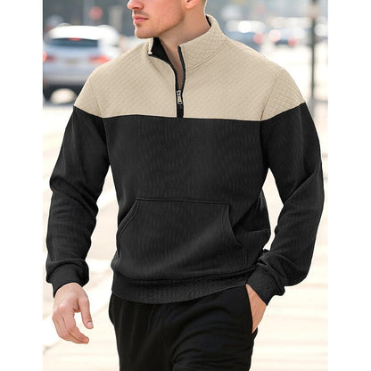 Kessoro men's textured quarter-zip color block sweatshirt in grey, army green, navy and khaki