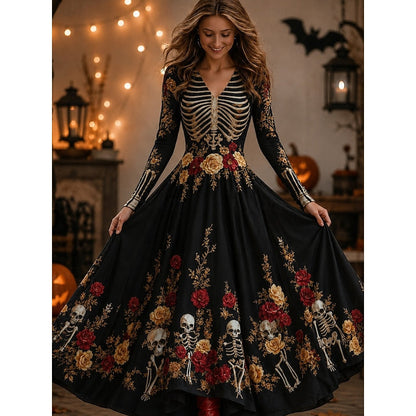 Kessoro Black Halloween skeleton and rose print long-sleeve maxi dress for women