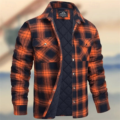 Kessoro men's quilted plaid flannel shirt jacket in orange, khaki, green, burgundy, navy, white and sky blue - product view 1