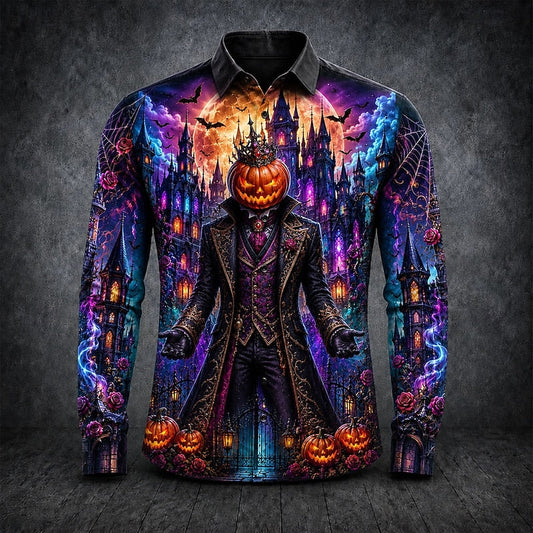 Kessoro Black Halloween gothic print long-sleeve button-up shirt for men