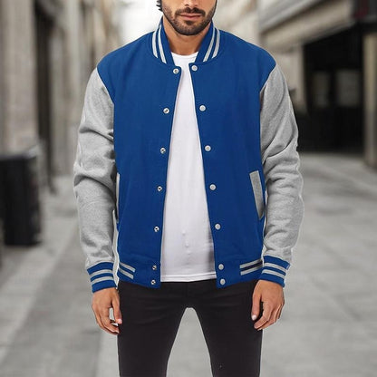 Kessoro men's classic ribbed-trim varsity jacket in light grey, royal blue, black and navy blue – image 4 of 12