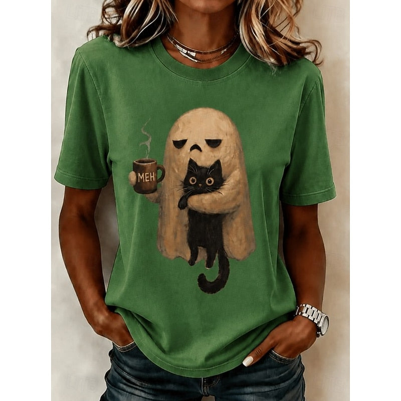 Kessoro Halloween ghost and cat print crew neck T-shirt for women, detail view 4