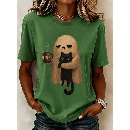 Kessoro Halloween ghost and cat print crew neck T-shirt for women, detail view 4