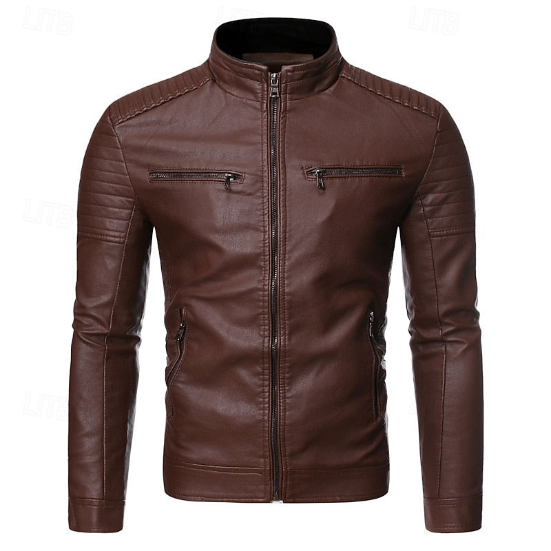 Kessoro men's classic stand-collar biker jacket in yellow, coffee and black – image 6 of 7