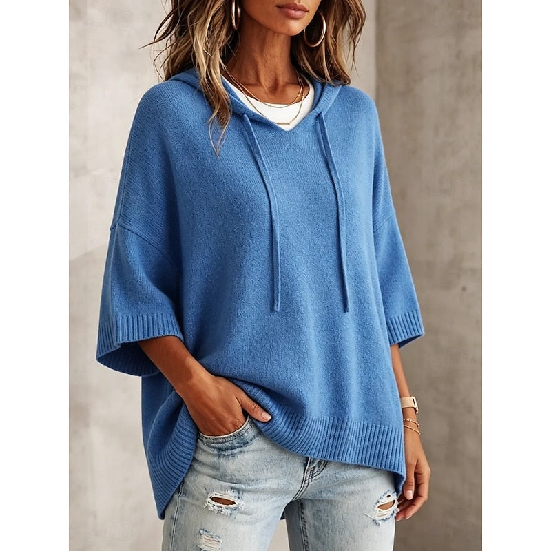 Kessoro relaxed hooded knit sweater for women in Red, view 3