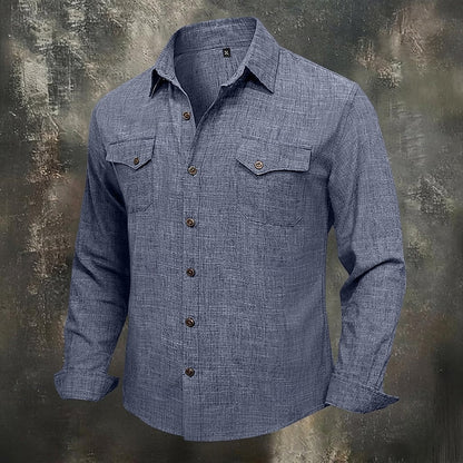 Kessoro men's relaxed-fit flap-pocket utility shirt in blue, grey, beige and pink tones, view 9