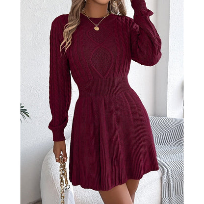 Kessoro women's cable-knit crew-neck sweater dress with a defined waist and flared skirt