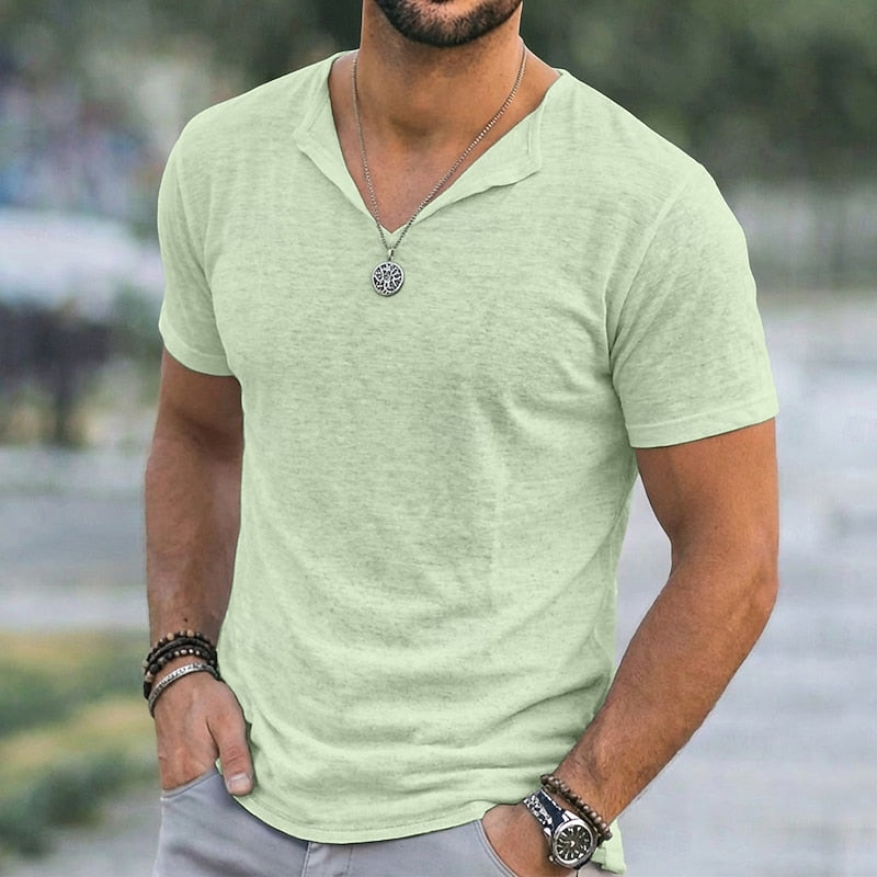 Men's relaxed-fit V-neck t-shirt in green, blue, white, purple and black, front view
