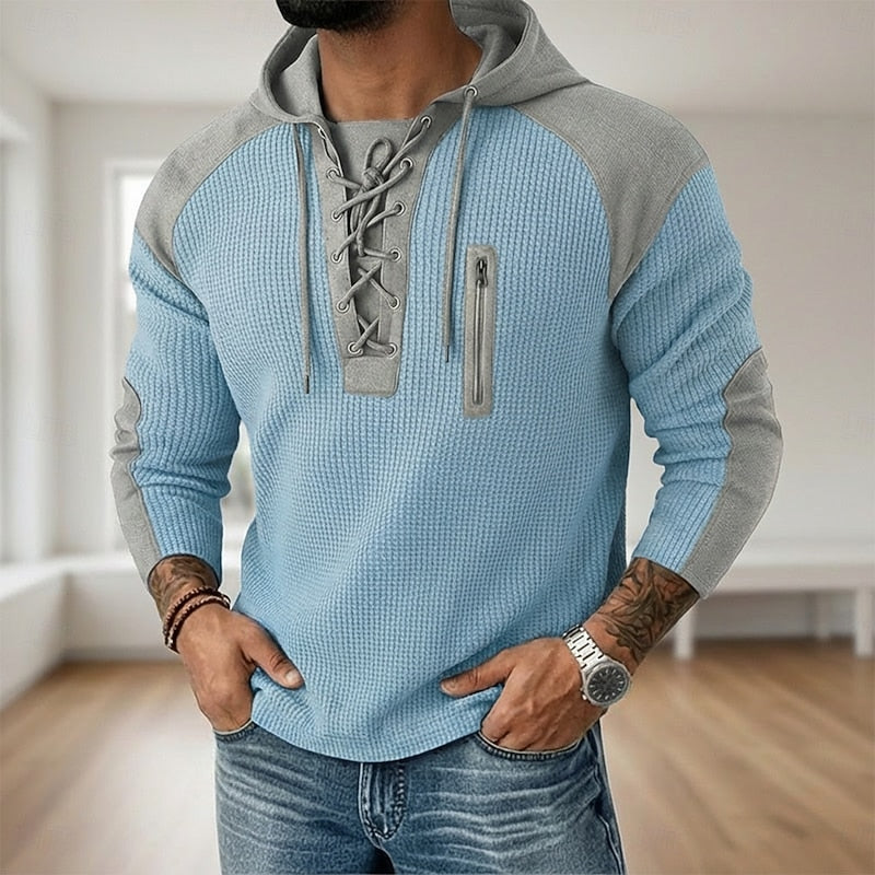Kessoro men's lace-up textured pullover hoodie in green, light blue, navy and black, view 2