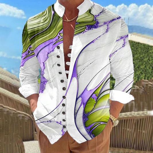 Men's abstract print standing-collar shirt in blue, wine red, purple and green